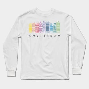 Facades of old canal houses from Amsterdam City rainbow color illustration Long Sleeve T-Shirt